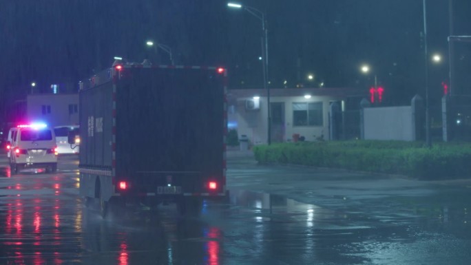 警车警灯雨中出警扫黑抓捕