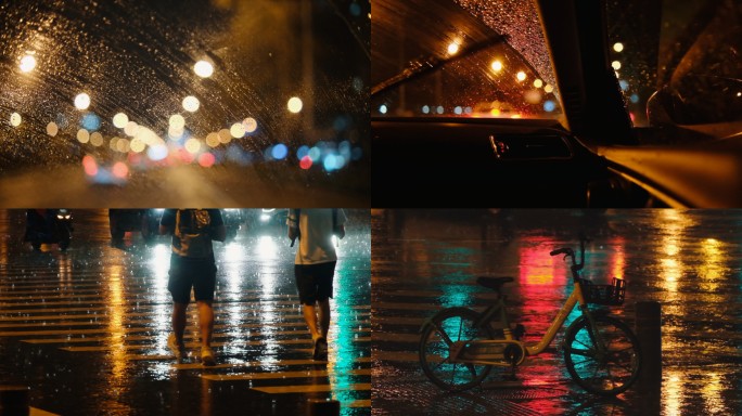 城市下雨的夜晚开车和路上行人