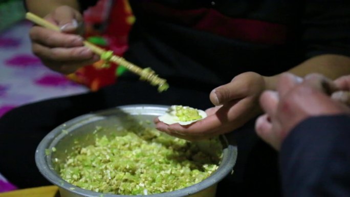 一家人居家一起包饺子的一组特写镜头