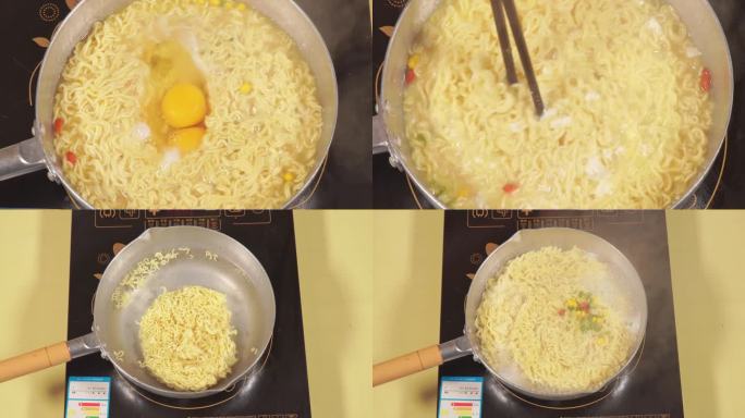 镜头合集煮方便面煮面条打鸡蛋快餐1