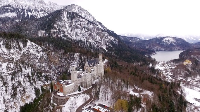 冬季天鹅堡航拍 冰天雪地 欧洲旅游