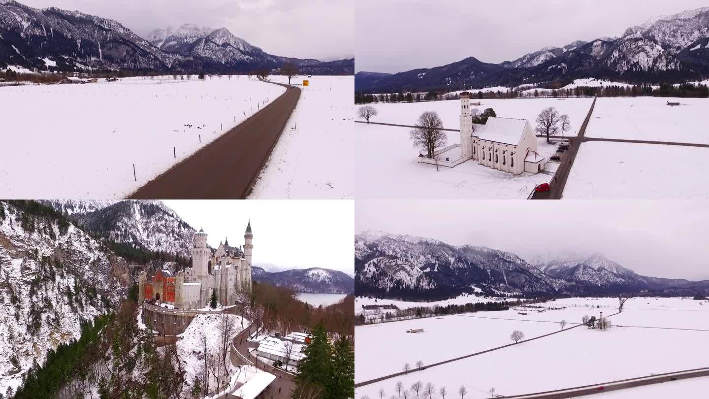 冬季天鹅堡航拍 冰天雪地 欧洲旅游