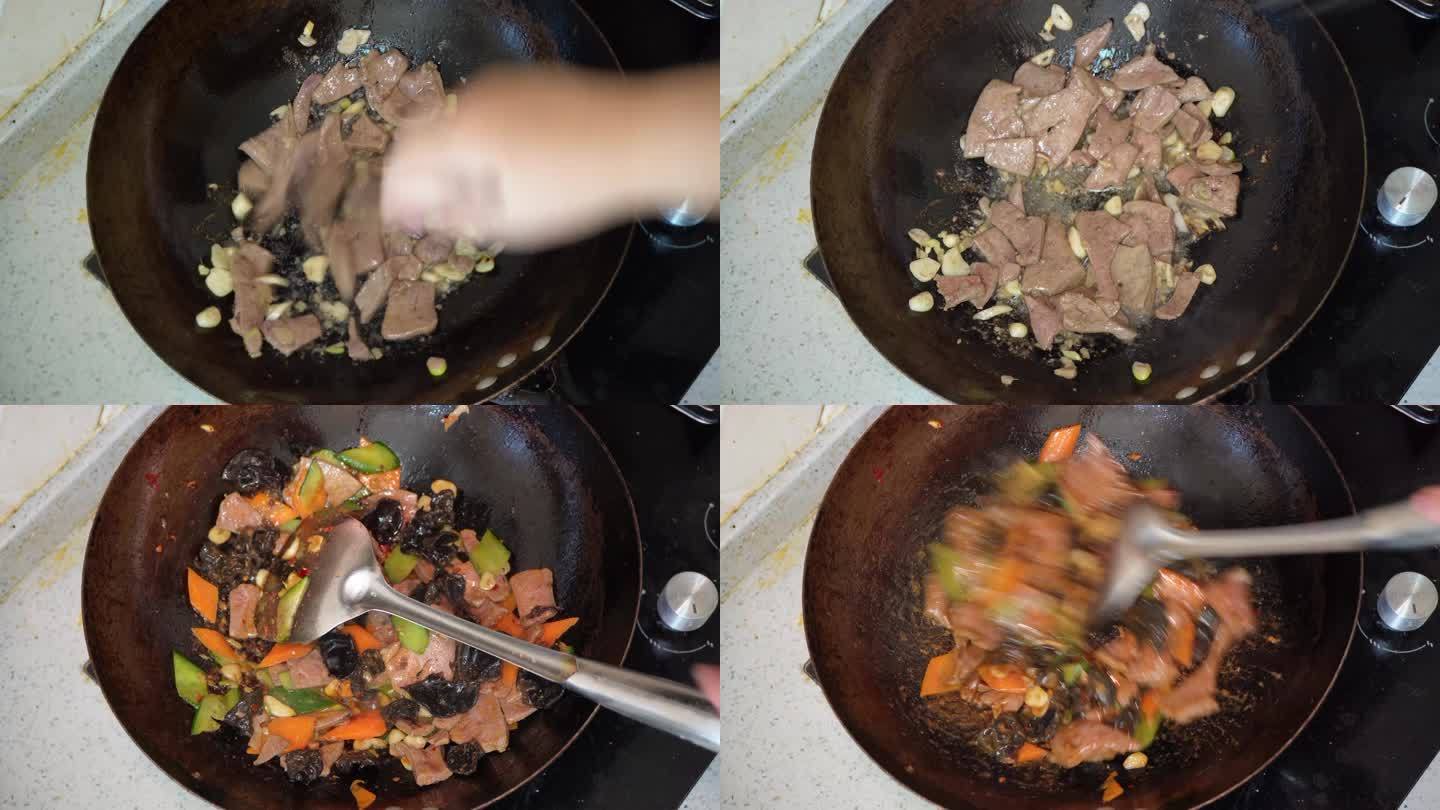 镜头合集油锅炒制熘肝尖家常菜制作过程1