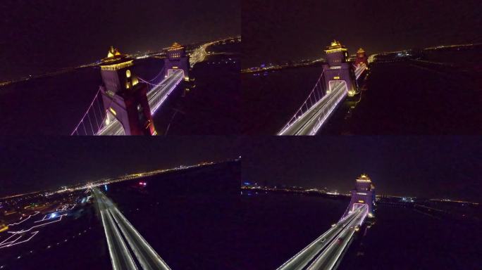 穿越机航拍扬州万福大桥车流夜景