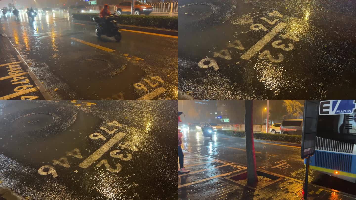 镜头合集雨天夜晚下雨公交车站行人马路1