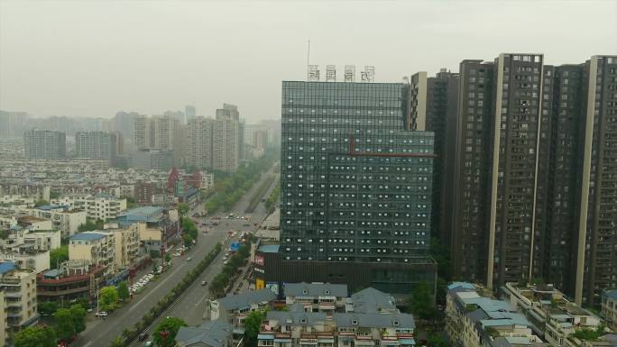 航拍眉山城市远景楼东坡城市湿地公园水街