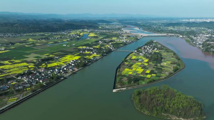 航拍四川洪雅中保镇春天油菜花田野自然风景