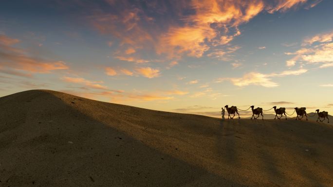 夕阳下骆驼商队