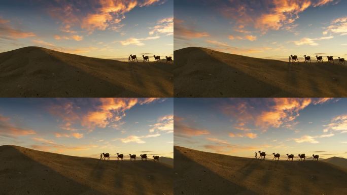 夕阳下骆驼商队