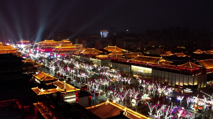 西安新年元宵节航拍城墙灯会大唐不夜城夜景