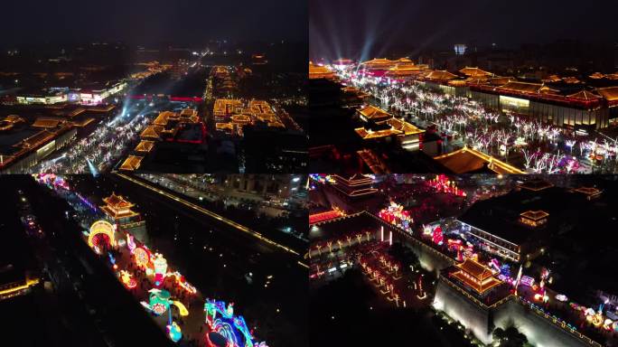 西安新年元宵节航拍城墙灯会大唐不夜城夜景