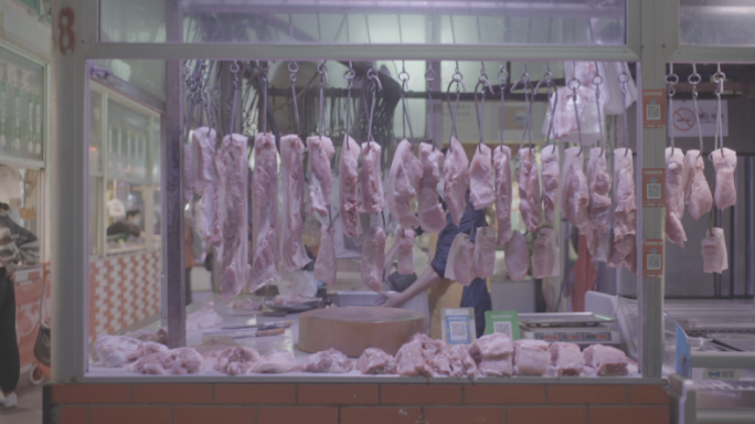 卖猪肉肉摊切肉多角度素材4K