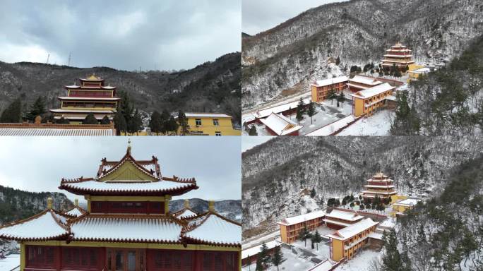 6条4k航拍雪后烟台竹林寺素材