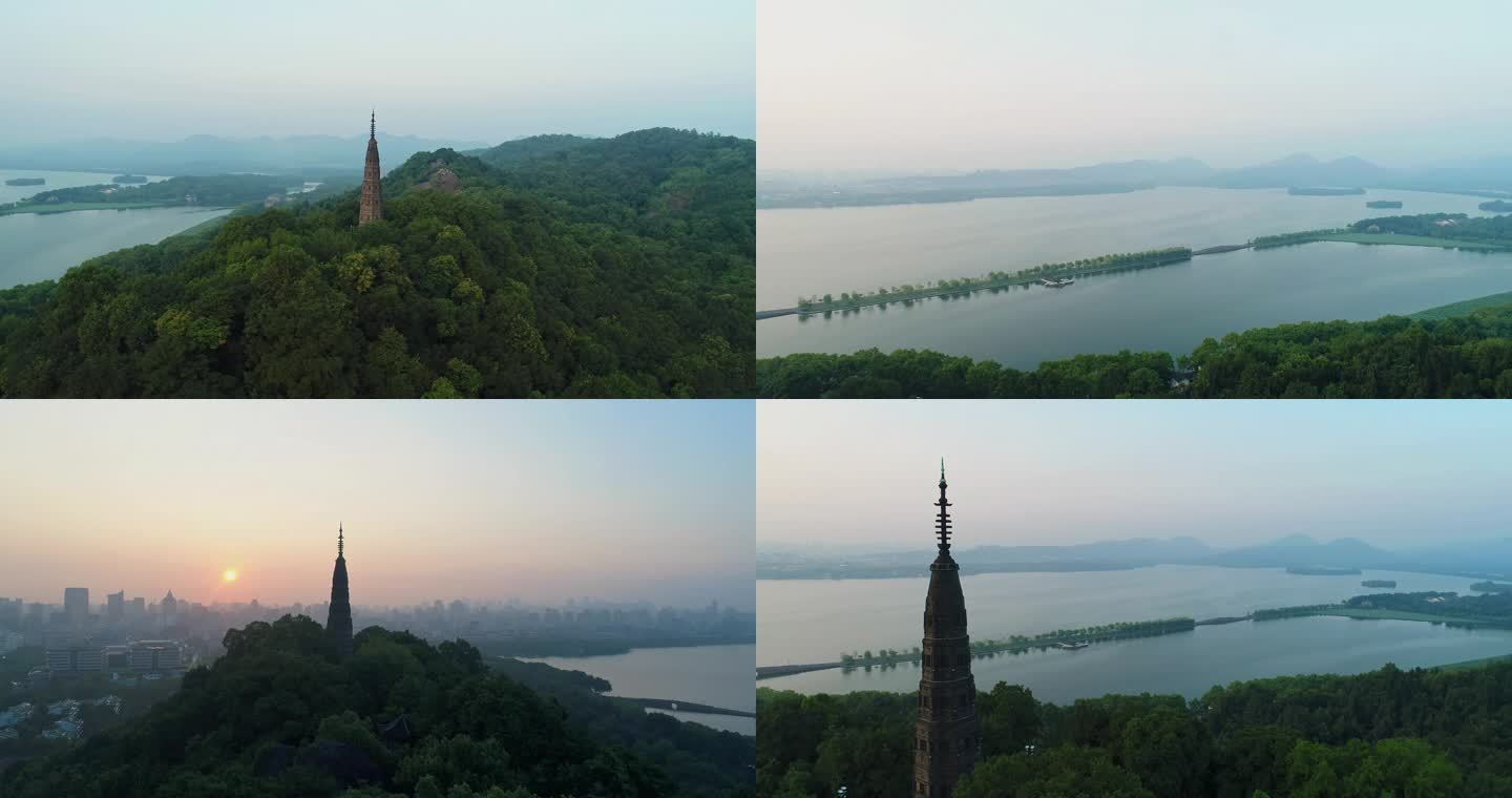 4k航拍杭州西湖清晨保俶塔日出
