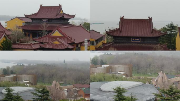 航拍扬州凤凰岛和旁边寺庙