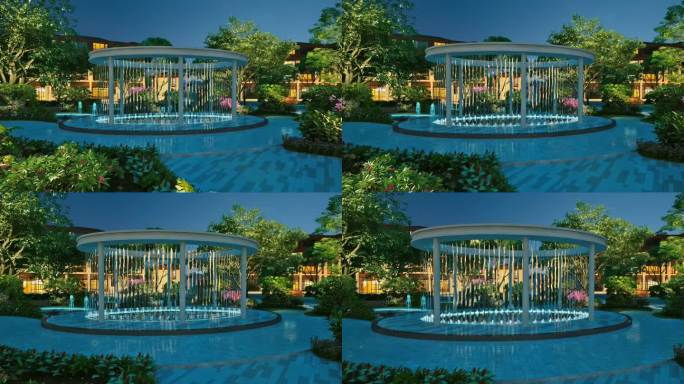 新中式喷泉园林夜景三维动画