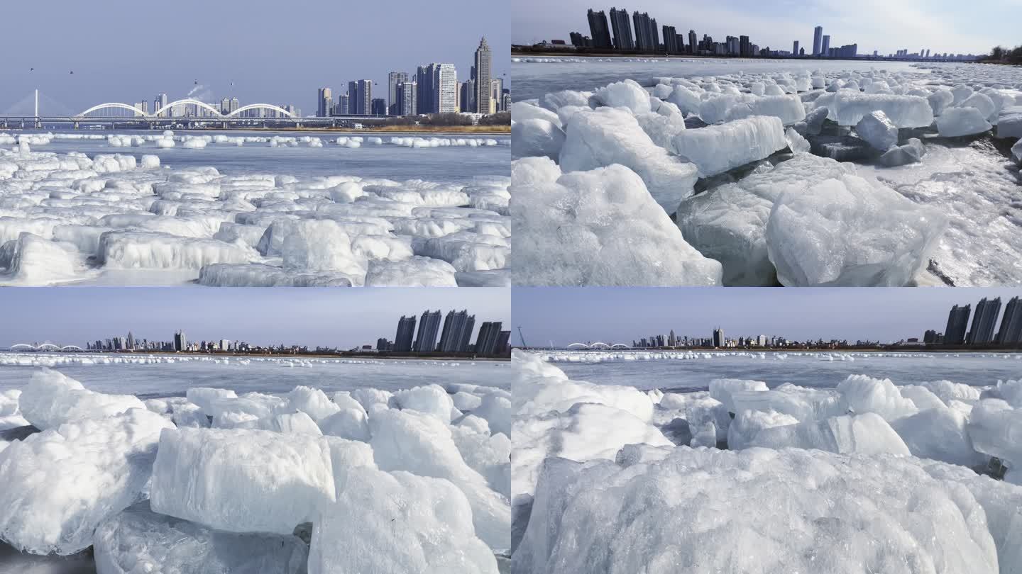 冰块与城市 初春的江面 冰雪初融