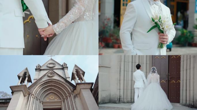 新郎新娘 手牵手步入教堂 求婚