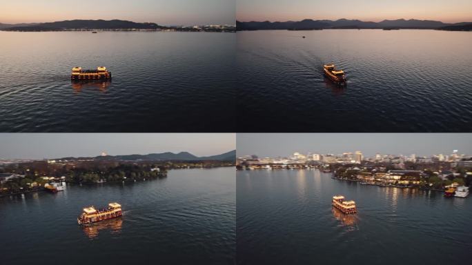 航拍西湖夜景 游船 保俶塔