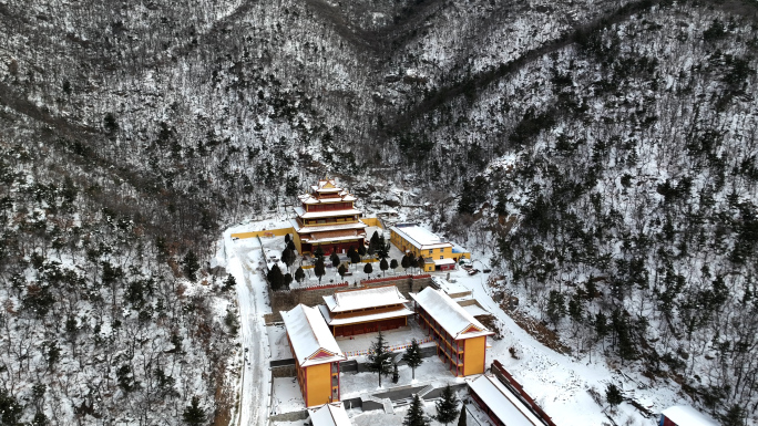 4条4K航拍白雪覆盖烟台地标建筑竹林寺