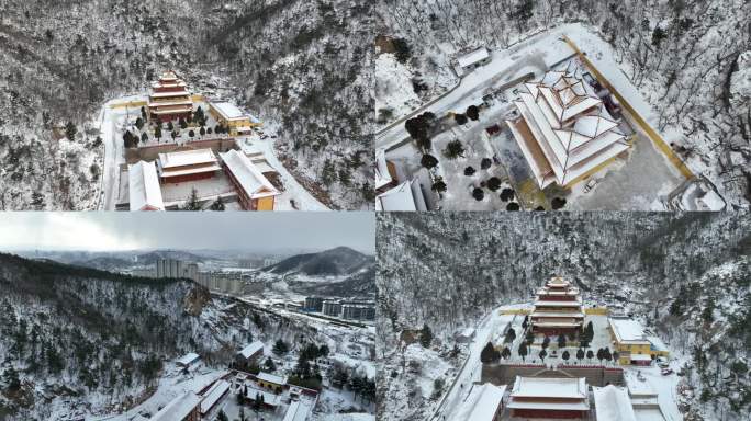 4条4K航拍白雪覆盖烟台地标建筑竹林寺