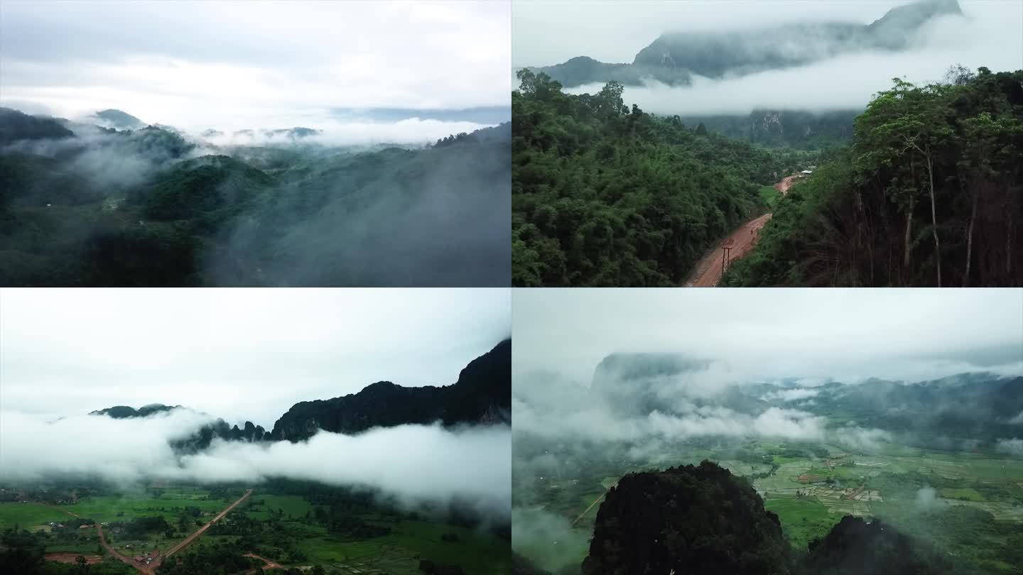 绵延群山云雾缭绕热带雨林航拍