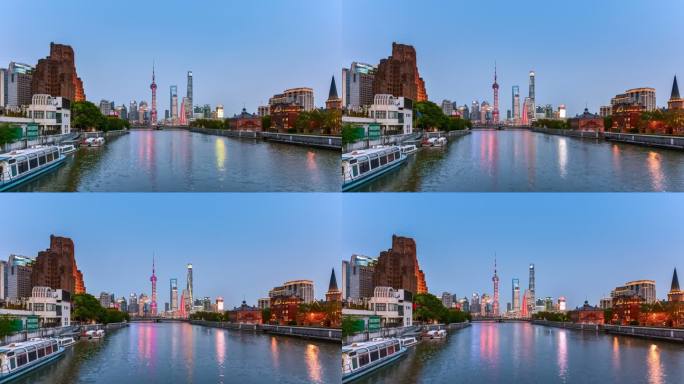 上海夜幕降临时刻苏州河景观延时