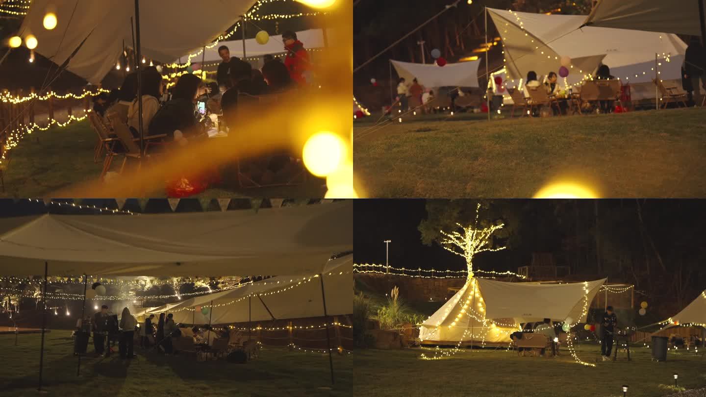 露营 晚上 大帐篷 星星灯 氛围感月亮