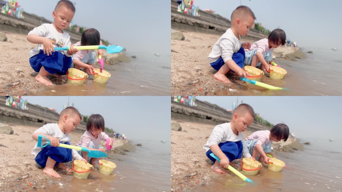 玩水玩泥沙玩耍的小孩子