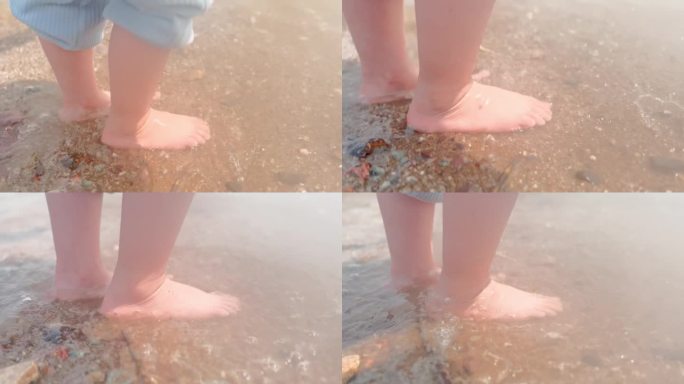 玩水玩泥沙玩耍的孩子脚部特写