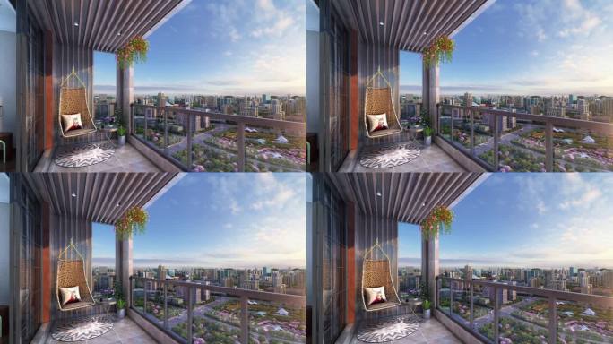 三维 地产动画 阳台 看景  城市景观