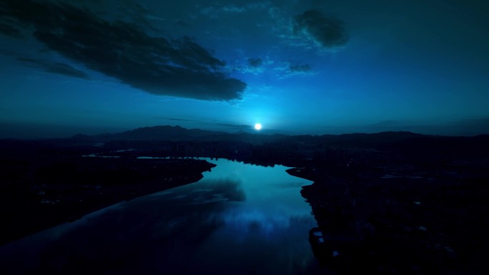 月亮月夜夜景夜色河面泛起月光村庄城市