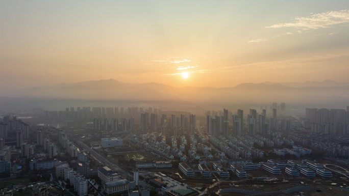 航拍丽水莲都区日出