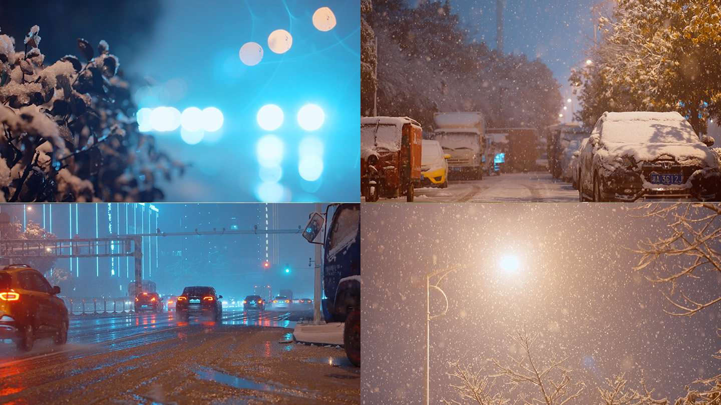 城市雪景车流路灯