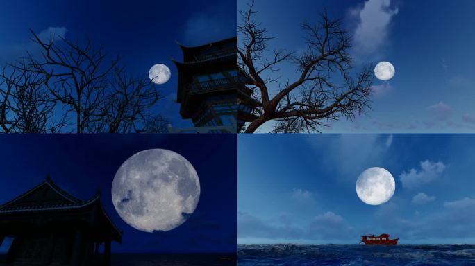 八月十五中秋节树梢屋檐上升起的月亮
