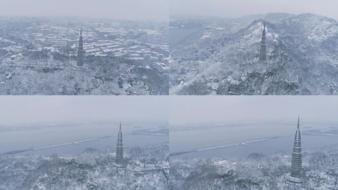 航拍杭州西湖保俶塔雪景