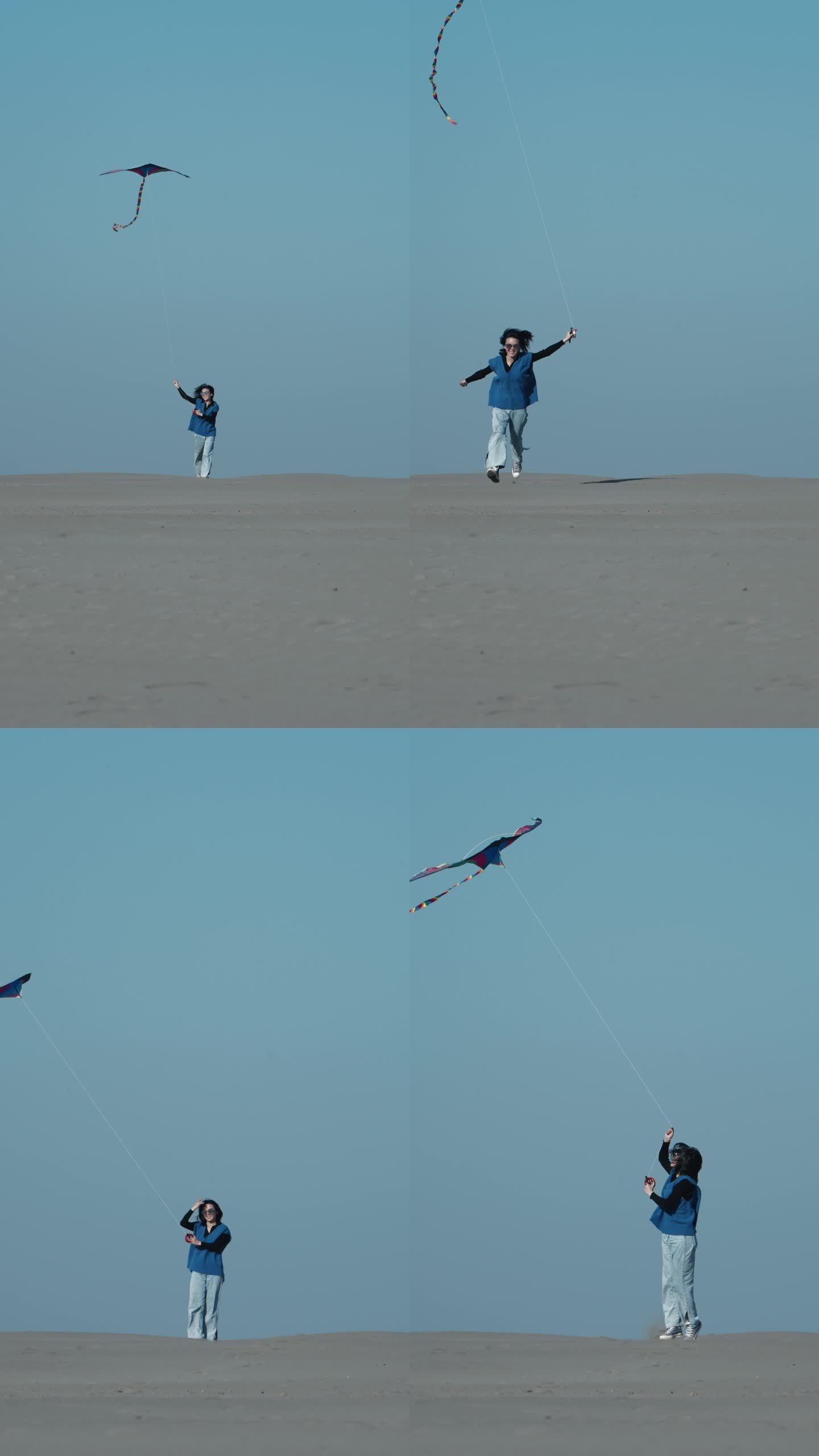女生在沙滩上奔跑放风筝治愈系风景竖屏