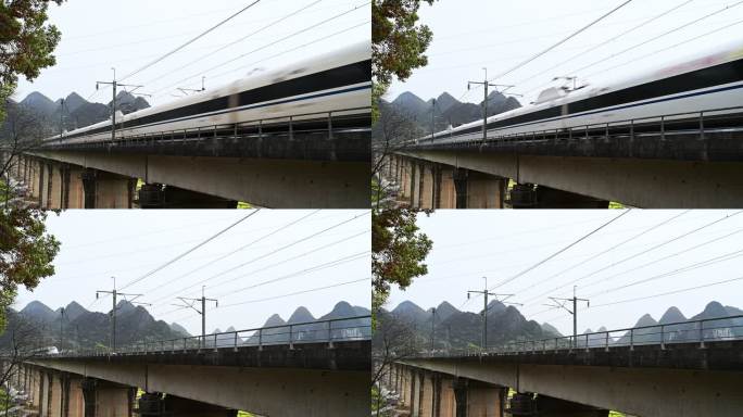 近距离拍摄山边铁路高架桥上行驶的高速列车