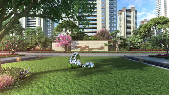 三维 地产动画 园林 阳光草坪 雕塑建筑