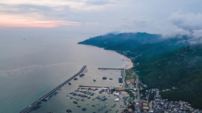 汕头南澳岛云澳渔港海岸线延时摄影航拍