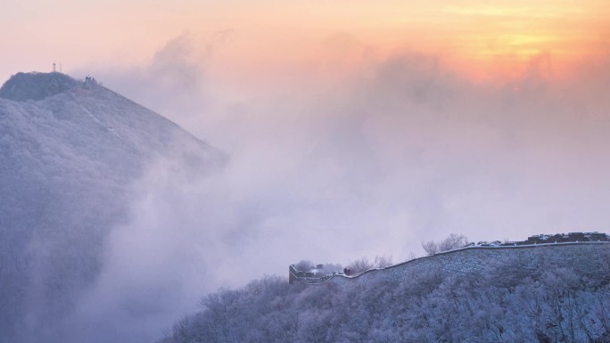 北京箭扣长城冬季雪景日出云海延时