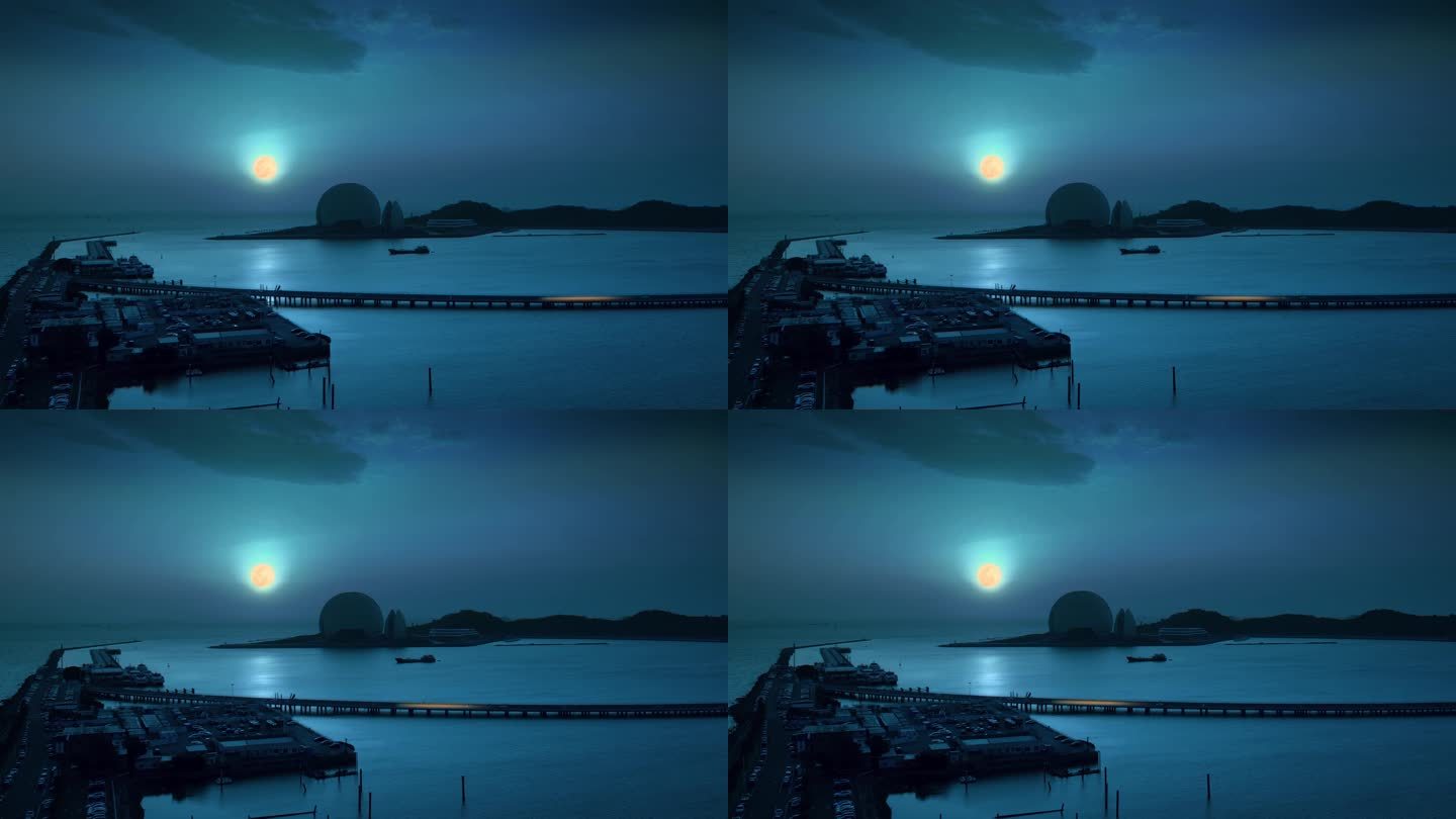 珠海月亮日月贝夜色夜晚汽车驶过桥面渔船
