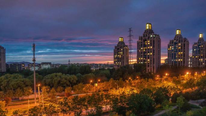 北京城市夜景晚霞火烧云延时