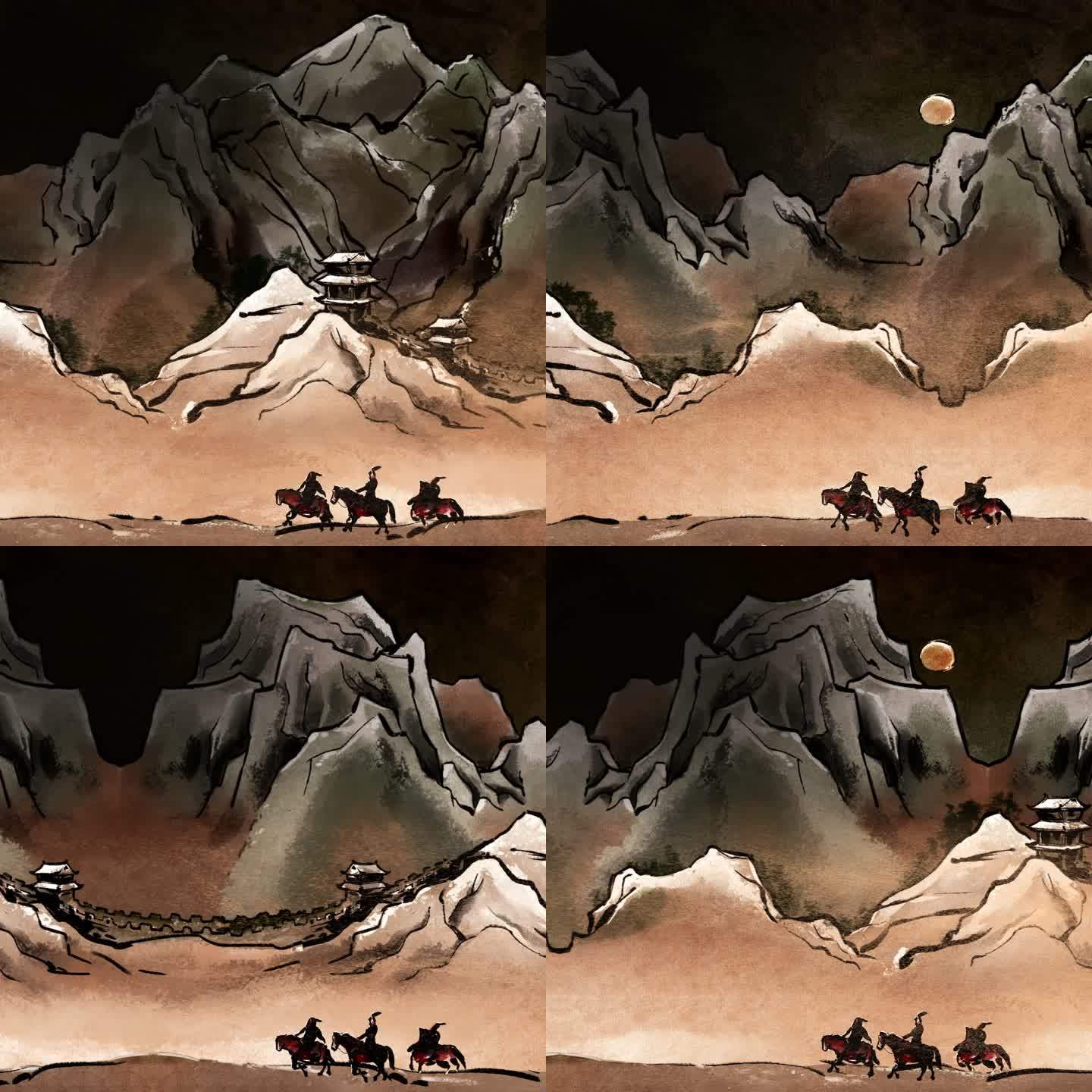 古代将士骑马出征塞外背景动画
