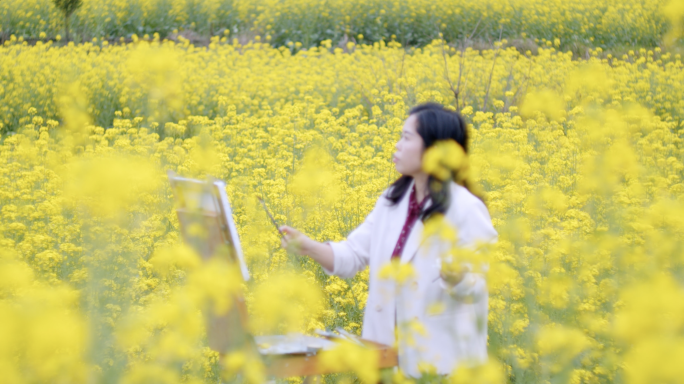 春天唯美写意油菜花女生画油画意境素材