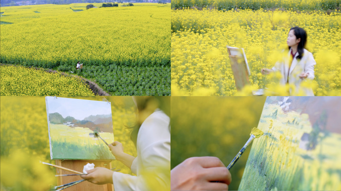 春天唯美写意油菜花女生画油画意境素材