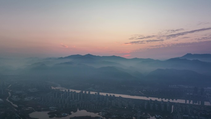 航拍丽水莲都区日出