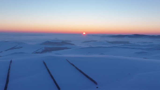 航拍4K内蒙古雪域雪原夕照