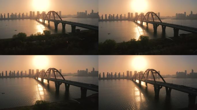 长沙福元路大桥清晨逆光唯美航拍