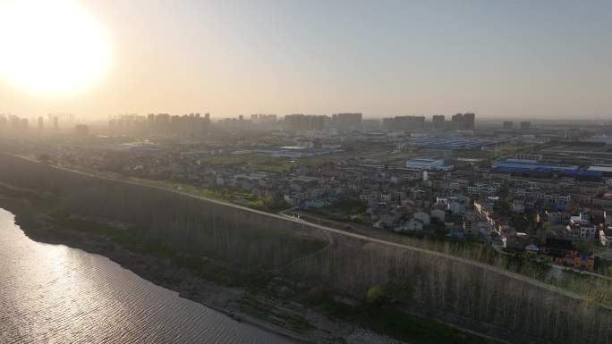 湖北荆州洪湖长江堤坝旁农村风景4K航拍